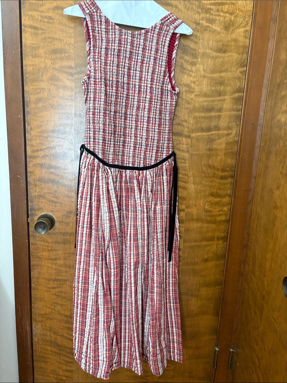 Free People Red Plaid Sleeveless Maxi Dress with Black Waist Tie